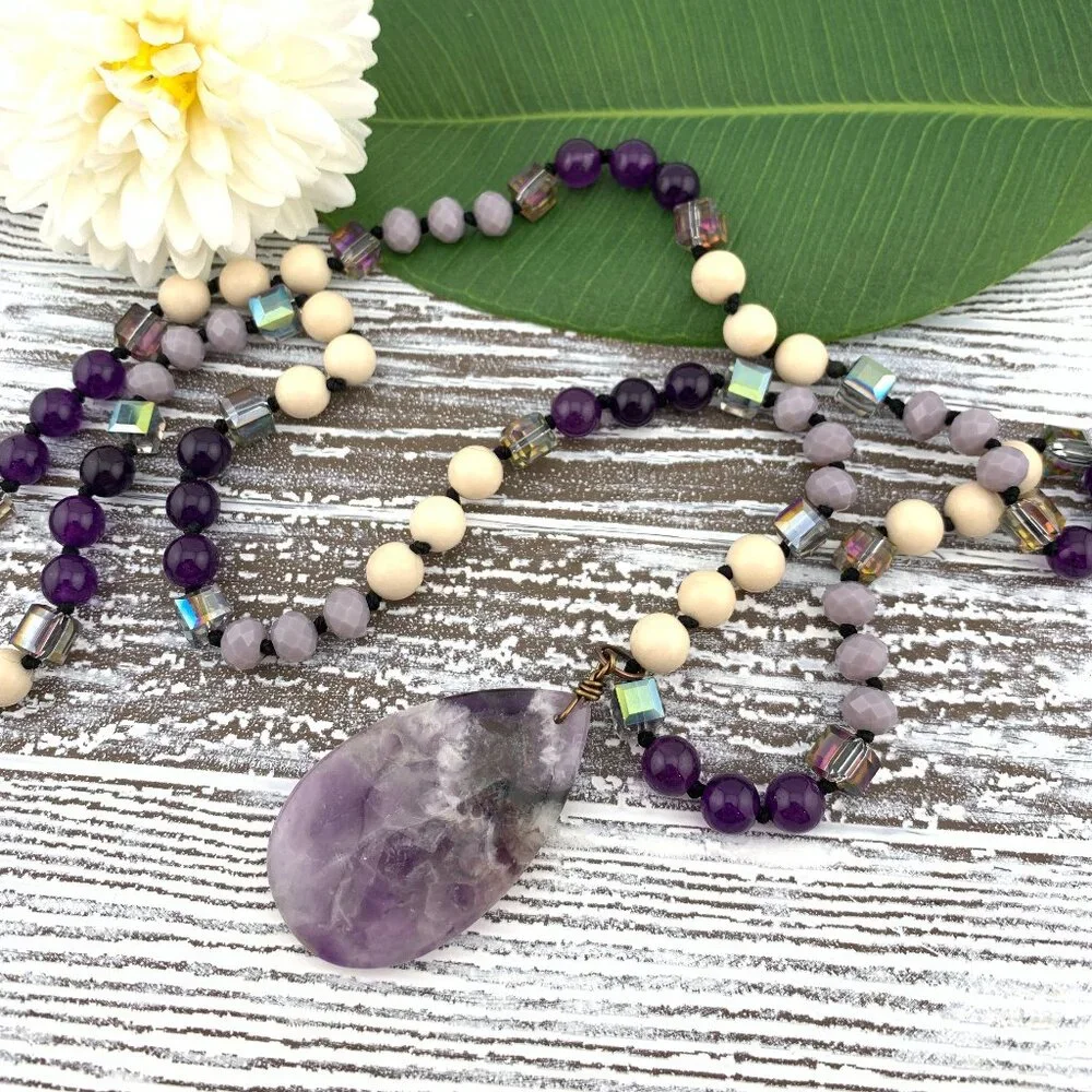 Amethyst Stone Teardrop Stone & Glass Beads Long Necklace Boho J890 - Picture 7 of 10